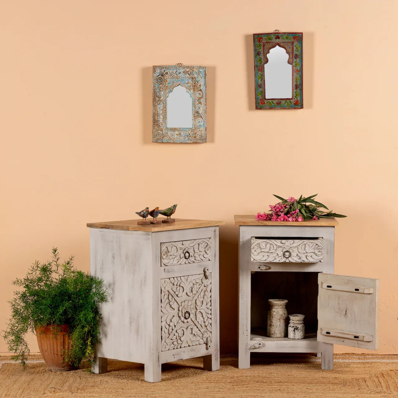 bedside table,
bedroom,
nightstand,
vintage bedside table,
rattan bedside table,
antique home decor,
bedroom furniture,
bedroom sets,
white nightstand,