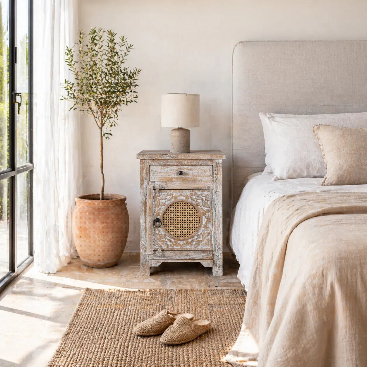 bedside table,
bedroom,
nightstand,
vintage bedside table,
rattan bedside table,
antique home decor,
bedroom furniture,
bedroom sets,
white nightstand,