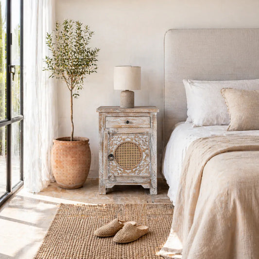 bedside table,
bedroom,
nightstand,
vintage bedside table,
rattan bedside table,
antique home decor,
bedroom furniture,
bedroom sets,
white nightstand,