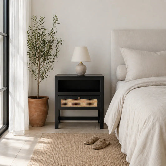 bedside table,
bedroom,
nightstand,
vintage bedside table,
rattan bedside table,
antique home decor,
bedroom furniture,
bedroom sets,
white nightstand,