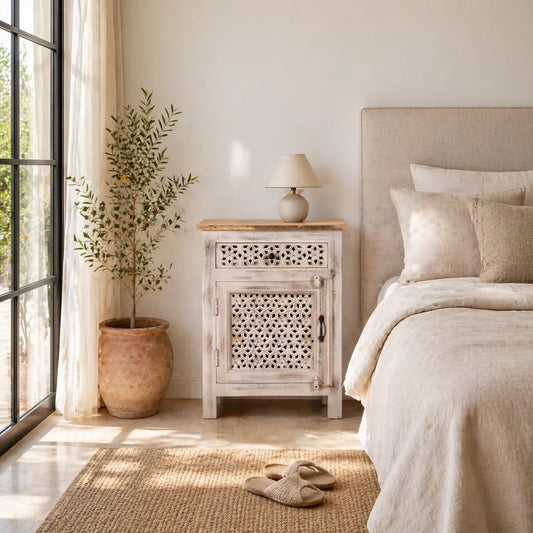 bedside table,
bedroom,
nightstand,
vintage bedside table,
rattan bedside table,
antique home decor,
bedroom furniture,
bedroom sets,
white nightstand,
