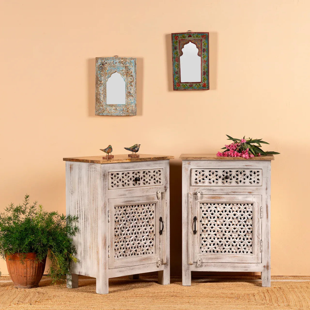 bedside table,
bedroom,
nightstand,
vintage bedside table,
rattan bedside table,
antique home decor,
bedroom furniture,
bedroom sets,
white nightstand,