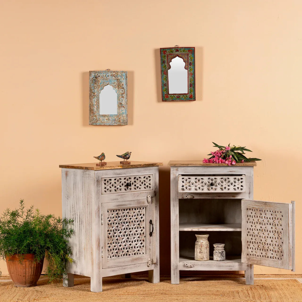 bedside table,
bedroom,
nightstand,
vintage bedside table,
rattan bedside table,
antique home decor,
bedroom furniture,
bedroom sets,
white nightstand,