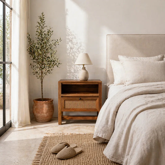 bedside table,
bedroom,
nightstand,
vintage bedside table,
rattan bedside table,
antique home decor,
bedroom furniture,
bedroom sets,
white nightstand,
