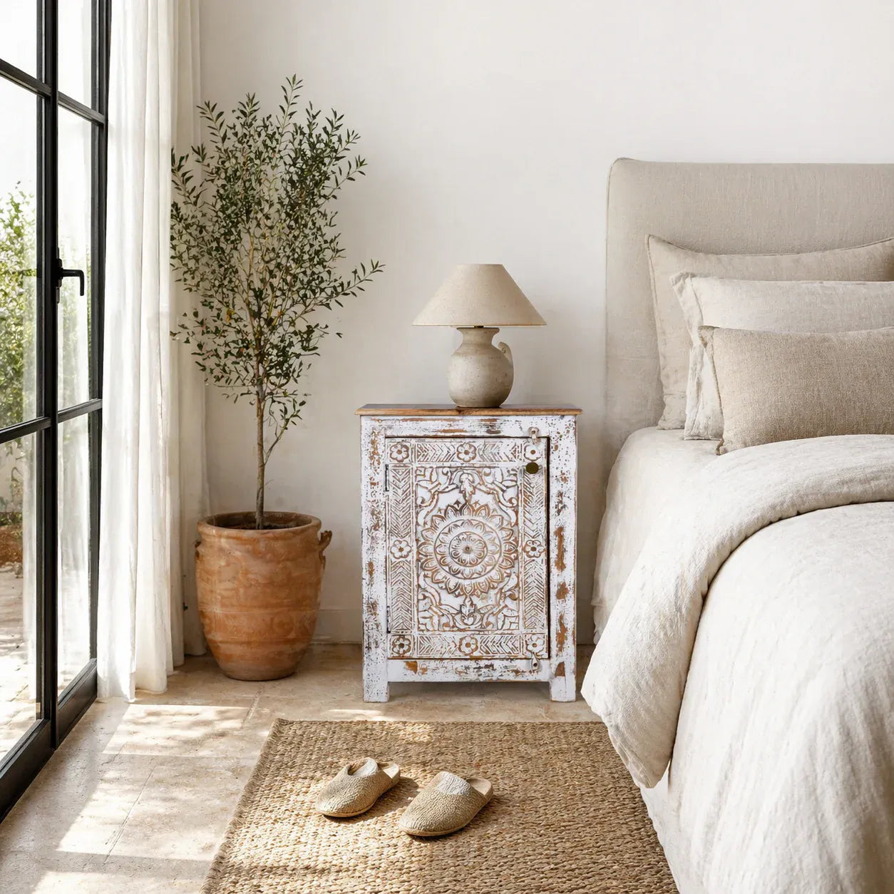 bedside table,
bedroom,
nightstand,
vintage bedside table,
rattan bedside table,
antique home decor,
bedroom furniture,
bedroom sets,
white nightstand,