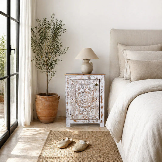 bedside table,
bedroom,
nightstand,
vintage bedside table,
rattan bedside table,
antique home decor,
bedroom furniture,
bedroom sets,
white nightstand,