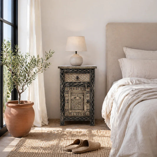 bedside table,
bedroom,
nightstand,
vintage bedside table,
rattan bedside table,
antique home decor,
bedroom furniture,
bedroom sets,
white nightstand,