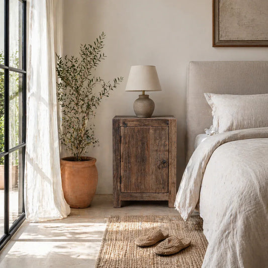 bedside table,
bedroom,
nightstand,
vintage bedside table,
rattan bedside table,
antique home decor,
bedroom furniture,
bedroom sets,
white nightstand,