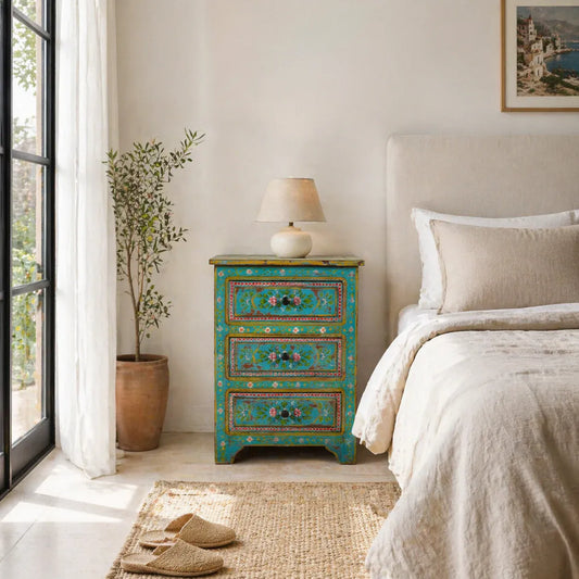bedside table,
bedroom,
nightstand,
vintage bedside table,
rattan bedside table,
antique home decor,
bedroom furniture,
bedroom sets,
white nightstand,