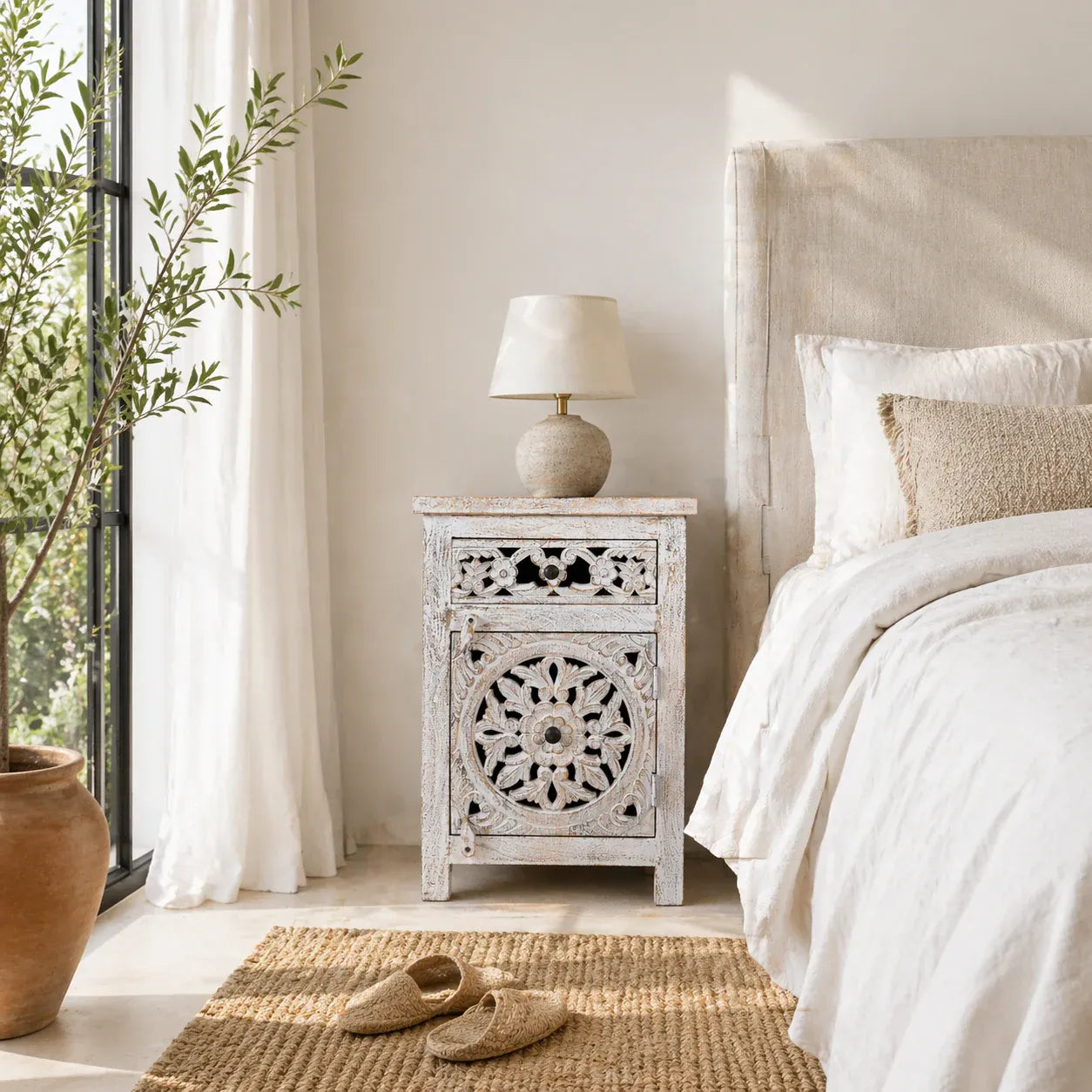 bedside table,
bedroom,
nightstand,
vintage bedside table,
rattan bedside table,
antique home decor,
bedroom furniture,
bedroom sets,
white nightstand,
