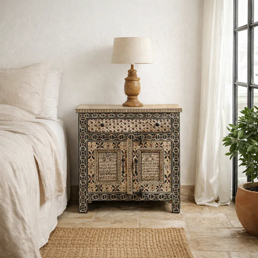 bedside table,
bedroom,
nightstand,
vintage bedside table,
rattan bedside table,
antique home decor,
bedroom furniture,
bedroom sets,
white nightstand,