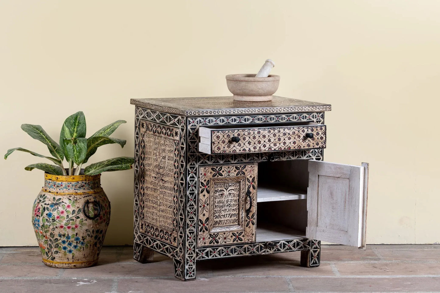 bedside table,
bedroom,
nightstand,
vintage bedside table,
rattan bedside table,
antique home decor,
bedroom furniture,
bedroom sets,
white nightstand,