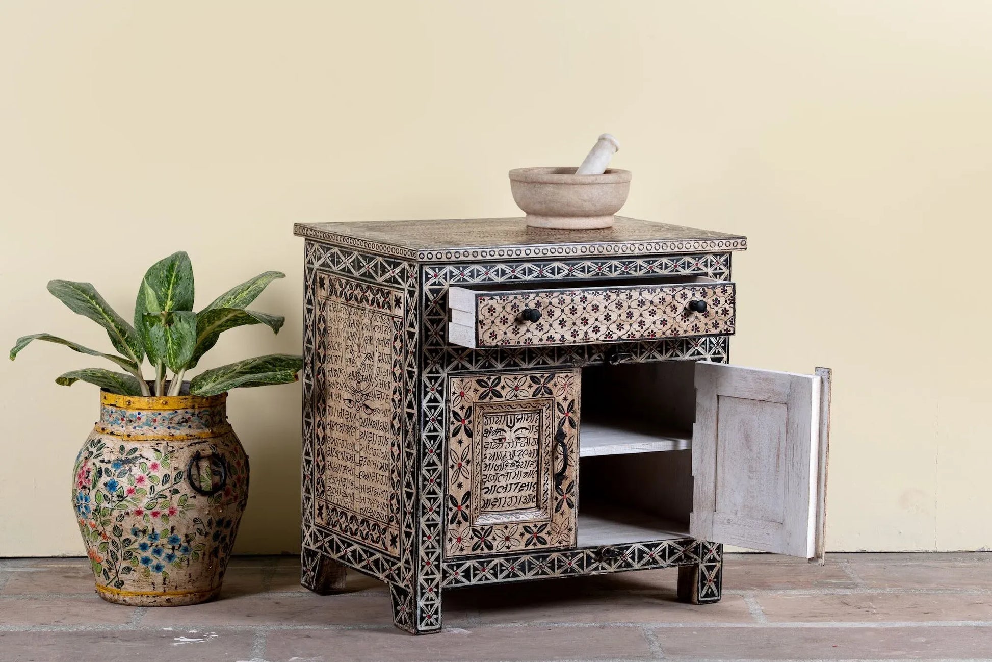 bedside table,
bedroom,
nightstand,
vintage bedside table,
rattan bedside table,
antique home decor,
bedroom furniture,
bedroom sets,
white nightstand,