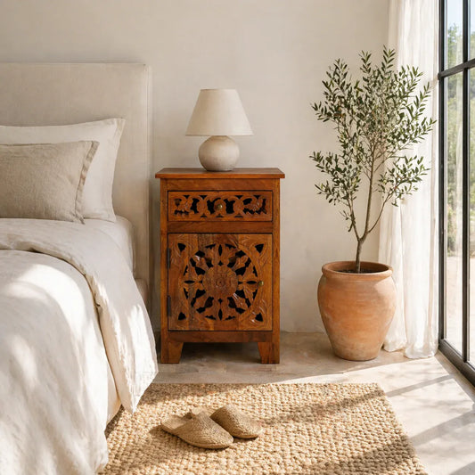 bedside table,
bedroom,
nightstand,
vintage bedside table,
rattan bedside table,
antique home decor,
bedroom furniture,
bedroom sets,
white nightstand,