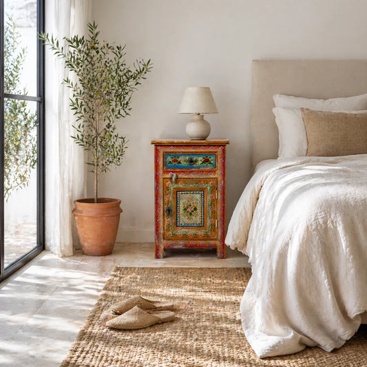 bedside table,
bedroom,
nightstand,
vintage bedside table,
rattan bedside table,
antique home decor,
bedroom furniture,
bedroom sets,
white nightstand,
