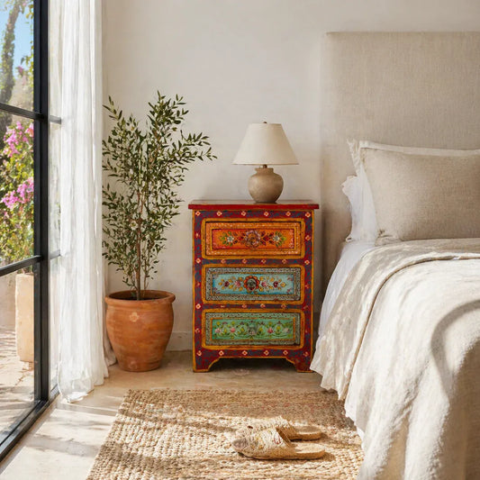 bedside table,
bedroom,
nightstand,
vintage bedside table,
rattan bedside table,
antique home decor,
bedroom furniture,
bedroom sets,
white nightstand,