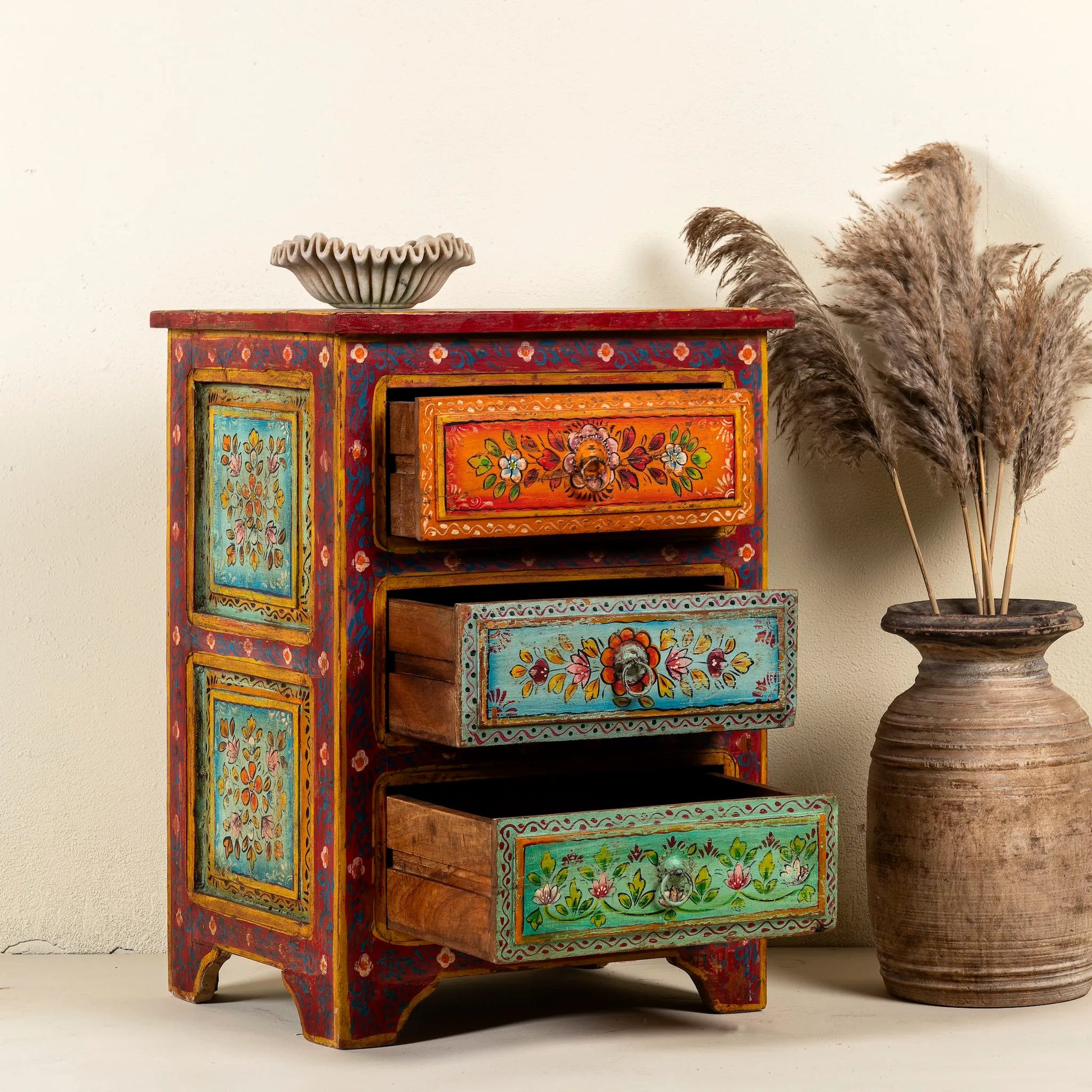 bedside table,
bedroom,
nightstand,
vintage bedside table,
rattan bedside table,
antique home decor,
bedroom furniture,
bedroom sets,
white nightstand,