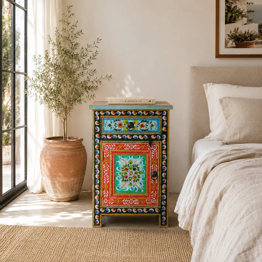 bedside table,
bedroom,
nightstand,
vintage bedside table,
rattan bedside table,
antique home decor,
bedroom furniture,
bedroom sets,
white nightstand,