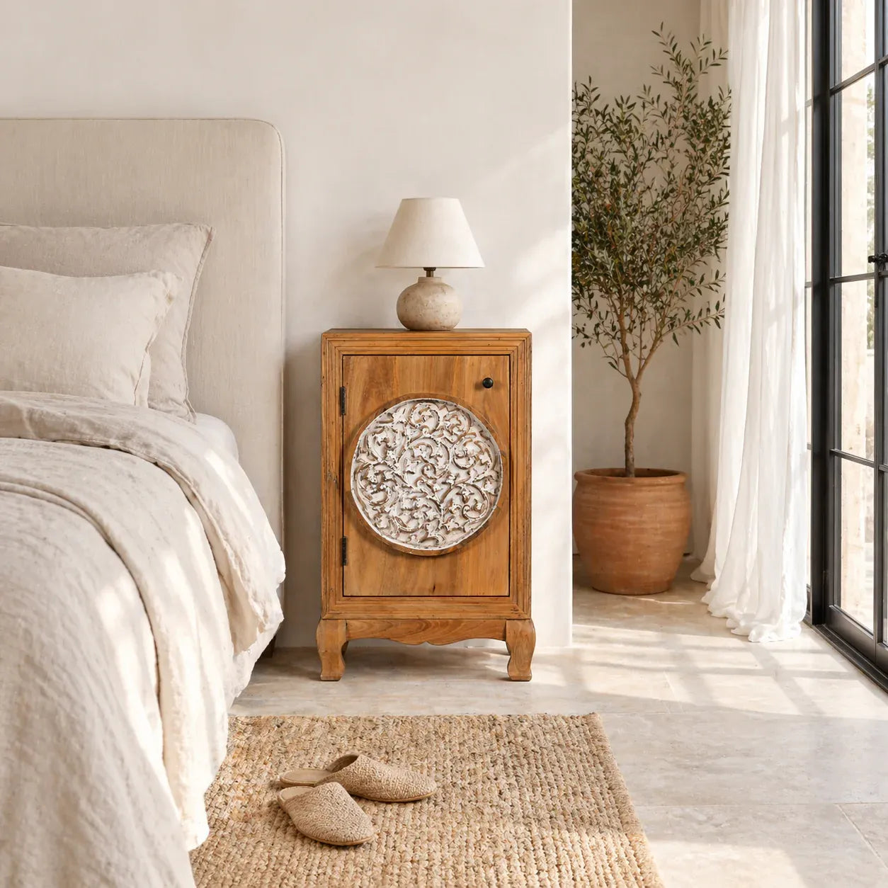 bedside table,
bedroom,
nightstand,
vintage bedside table,
rattan bedside table,
antique home decor,
bedroom furniture,
bedroom sets,
white nightstand,