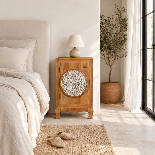 bedside table,
bedroom,
nightstand,
vintage bedside table,
rattan bedside table,
antique home decor,
bedroom furniture,
bedroom sets,
white nightstand,