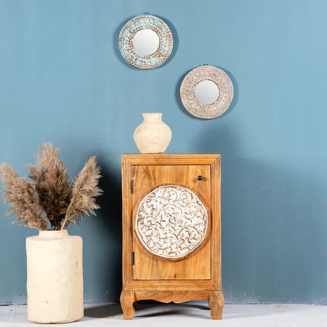 bedside table,
bedroom,
nightstand,
vintage bedside table,
rattan bedside table,
antique home decor,
bedroom furniture,
bedroom sets,
white nightstand,