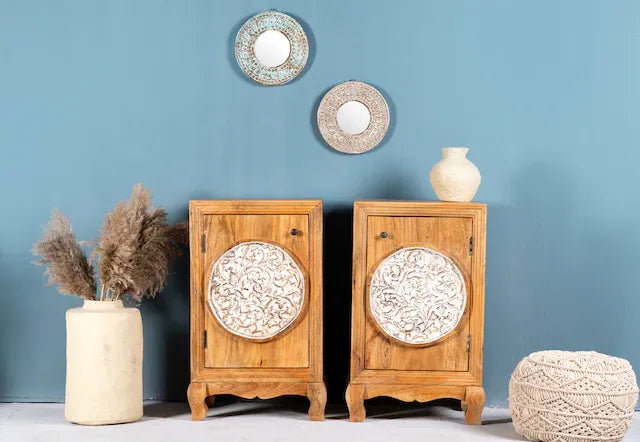 bedside table,
bedroom,
nightstand,
vintage bedside table,
rattan bedside table,
antique home decor,
bedroom furniture,
bedroom sets,
white nightstand,