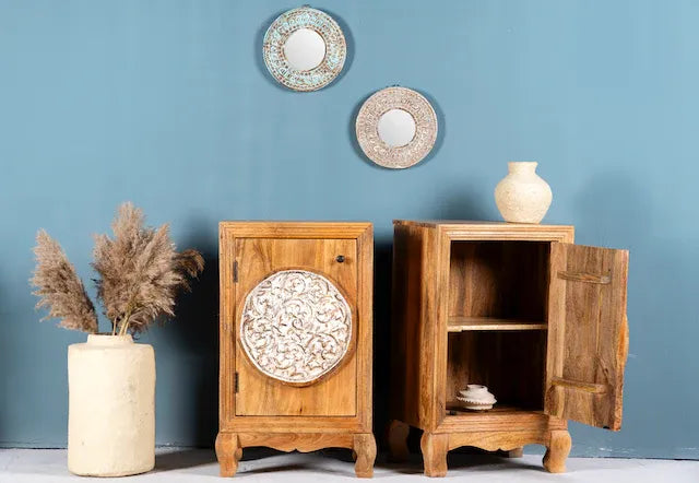 bedside table,
bedroom,
nightstand,
vintage bedside table,
rattan bedside table,
antique home decor,
bedroom furniture,
bedroom sets,
white nightstand,