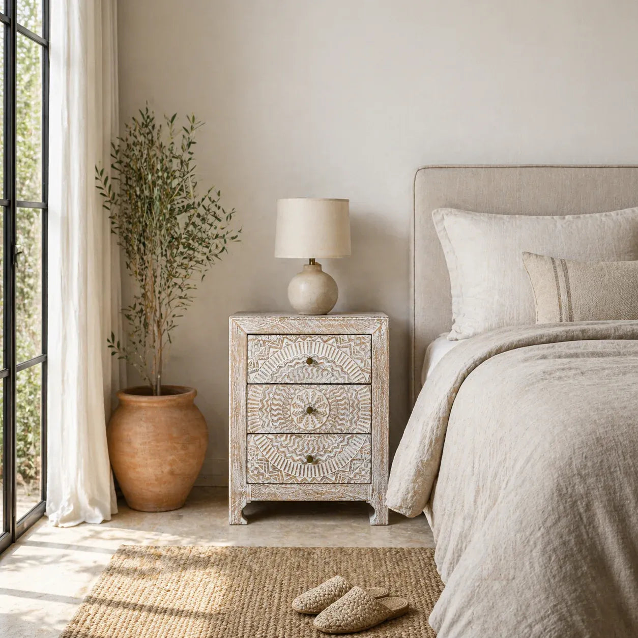 bedside table,
bedroom,
nightstand,
vintage bedside table,
rattan bedside table,
antique home decor,
bedroom furniture,
bedroom sets,
white nightstand,