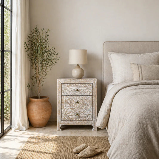 bedside table,
bedroom,
nightstand,
vintage bedside table,
rattan bedside table,
antique home decor,
bedroom furniture,
bedroom sets,
white nightstand,