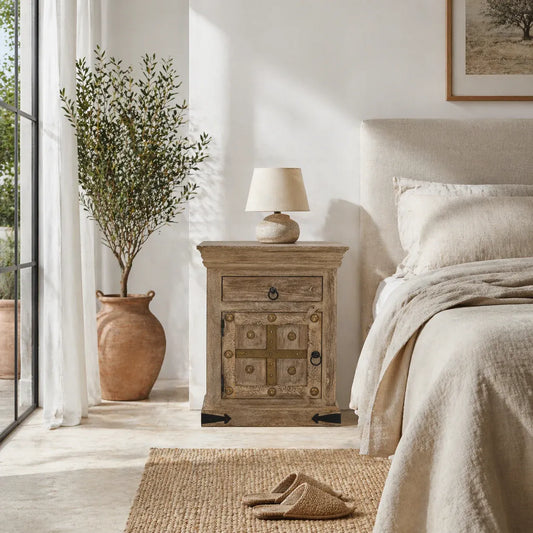 bedside table,
bedroom,
nightstand,
vintage bedside table,
rattan bedside table,
antique home decor,
bedroom furniture,
bedroom sets,
white nightstand,