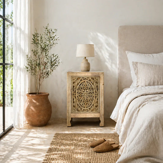 bedside table,
bedroom,
nightstand,
vintage bedside table,
rattan bedside table,
antique home decor,
bedroom furniture,
bedroom sets,
white nightstand,