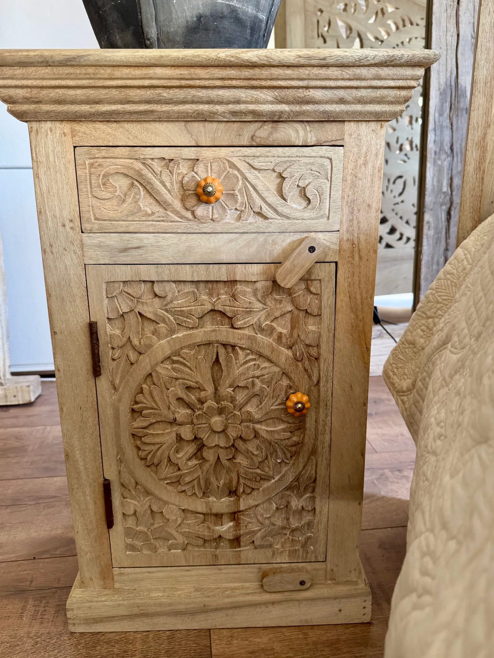 bedside table,
bedroom,
nightstand,
vintage bedside table,
rattan bedside table,
antique home decor,
bedroom furniture,
bedroom sets,
white nightstand,
