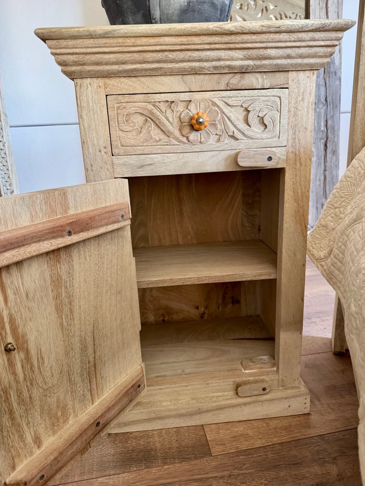 bedside table,
bedroom,
nightstand,
vintage bedside table,
rattan bedside table,
antique home decor,
bedroom furniture,
bedroom sets,
white nightstand,