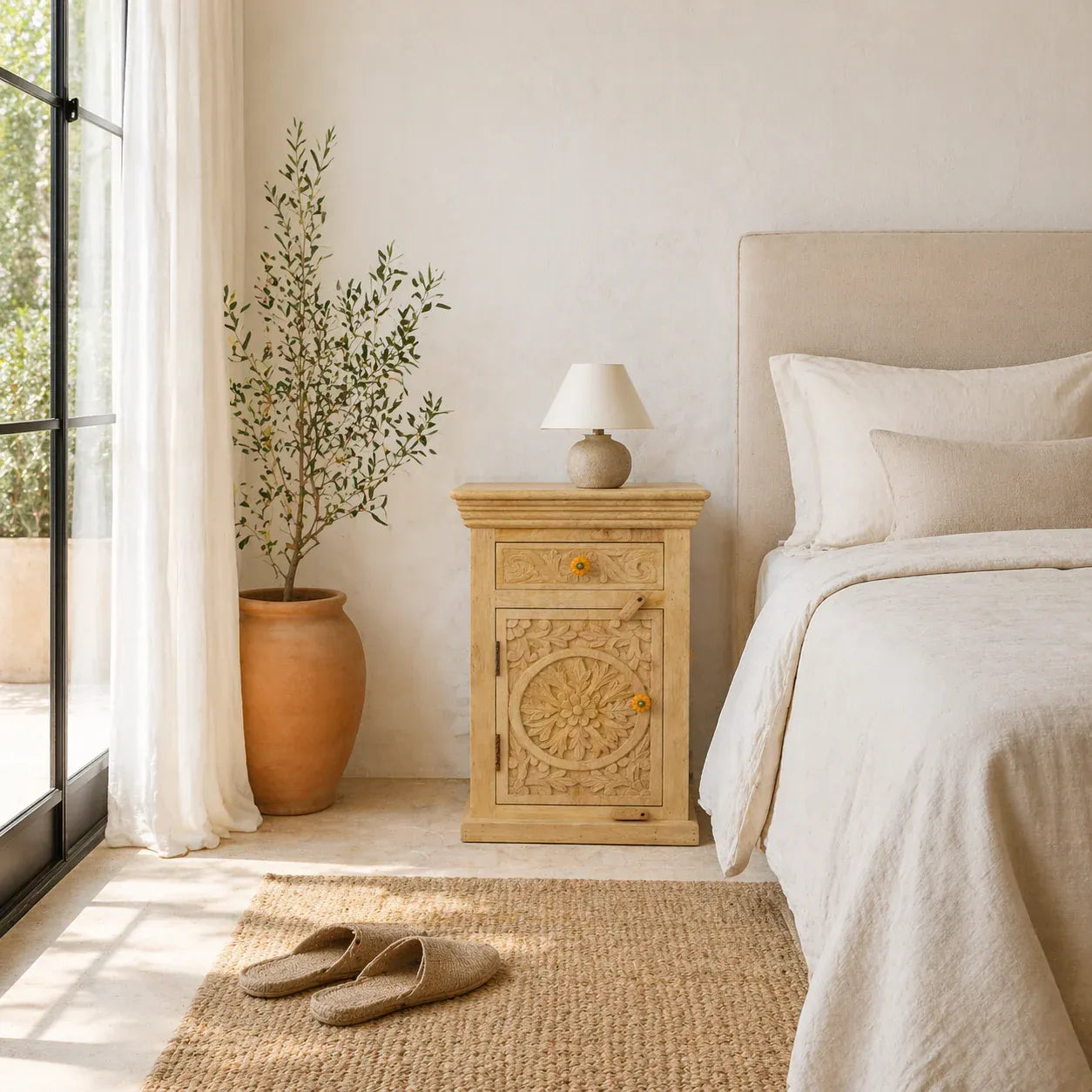 bedside table,
bedroom,
nightstand,
vintage bedside table,
rattan bedside table,
antique home decor,
bedroom furniture,
bedroom sets,
white nightstand,