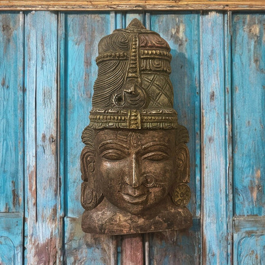 Handcrafted wooden wall art featuring Lord Shiva's face with intricate carvings and antique brown finish, ideal for spiritual home decor wall decor,
wall art,
wall accents,
large wall art,
big wall decor,
outdoor wall art,
wall hanging,
vintage wall decor,
rustic wall decor,
antique wall decor,
rustic wall art,
vintage home decor,
home decor,
antique home decor