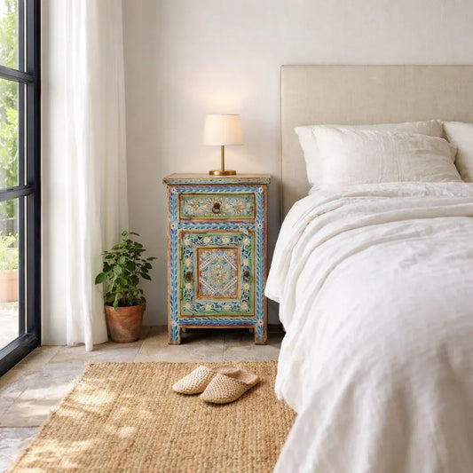 bedside table,
bedroom,
nightstand,
vintage bedside table,
rattan bedside table,
antique home decor,
bedroom furniture,
bedroom sets,
white nightstand,