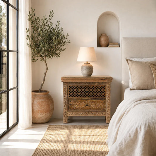 bedside table,
bedroom,
nightstand,
vintage bedside table,
rattan bedside table,
antique home decor,
bedroom furniture,
bedroom sets,
white nightstand,