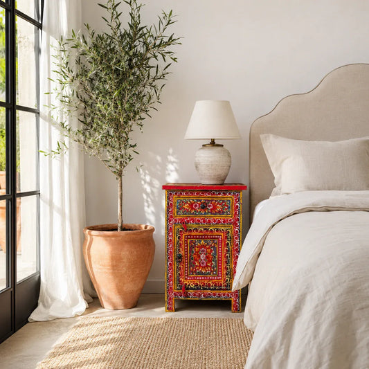 bedside table,
bedroom,
nightstand,
vintage bedside table,
rattan bedside table,
antique home decor,
bedroom furniture,
bedroom sets,
white nightstand,