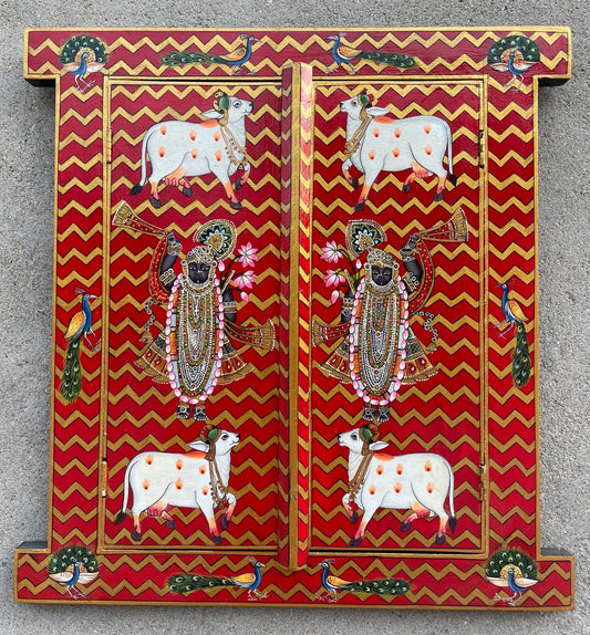 Hand-painted wooden temple door panel in red and gold chevron design with traditional Indian devotional artwork, solid wood mandir decor 16x18 inches Traditional hand-painted wooden mandir door panel with red background and golden chevrons, Indian temple decor solid wood Handcrafted wooden temple doors panel featuring Indian devotional art, red and gold chevron pattern, home mandir decor Indian hand-painted wooden pooja mandir door panel with traditional motifs, red and gold solid wood wall decor Decorative