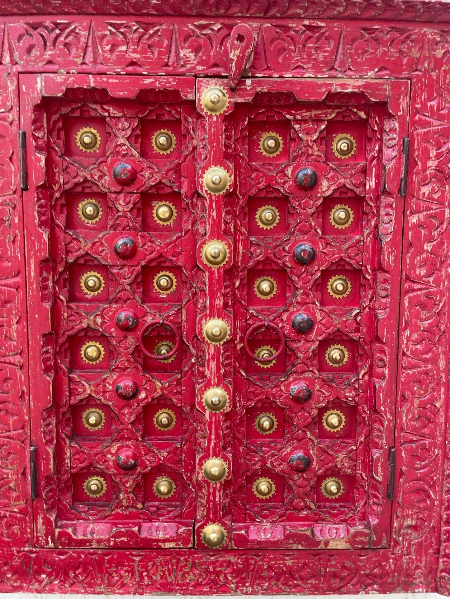 Turquoise Hand-Carved Wooden Door Wall Panel with Brass Accents