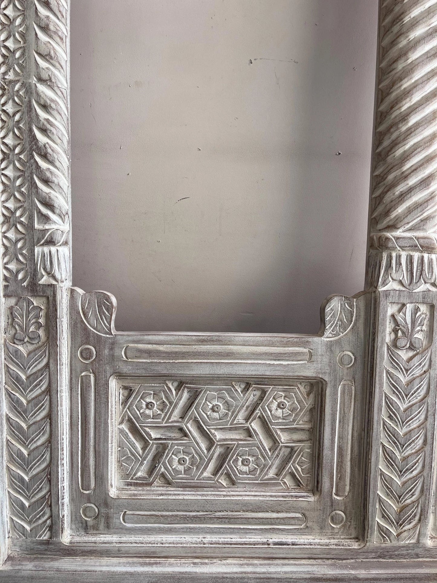 Triple-Arch Hand-Carved Wooden Mirror Panel with Distressed White Finish