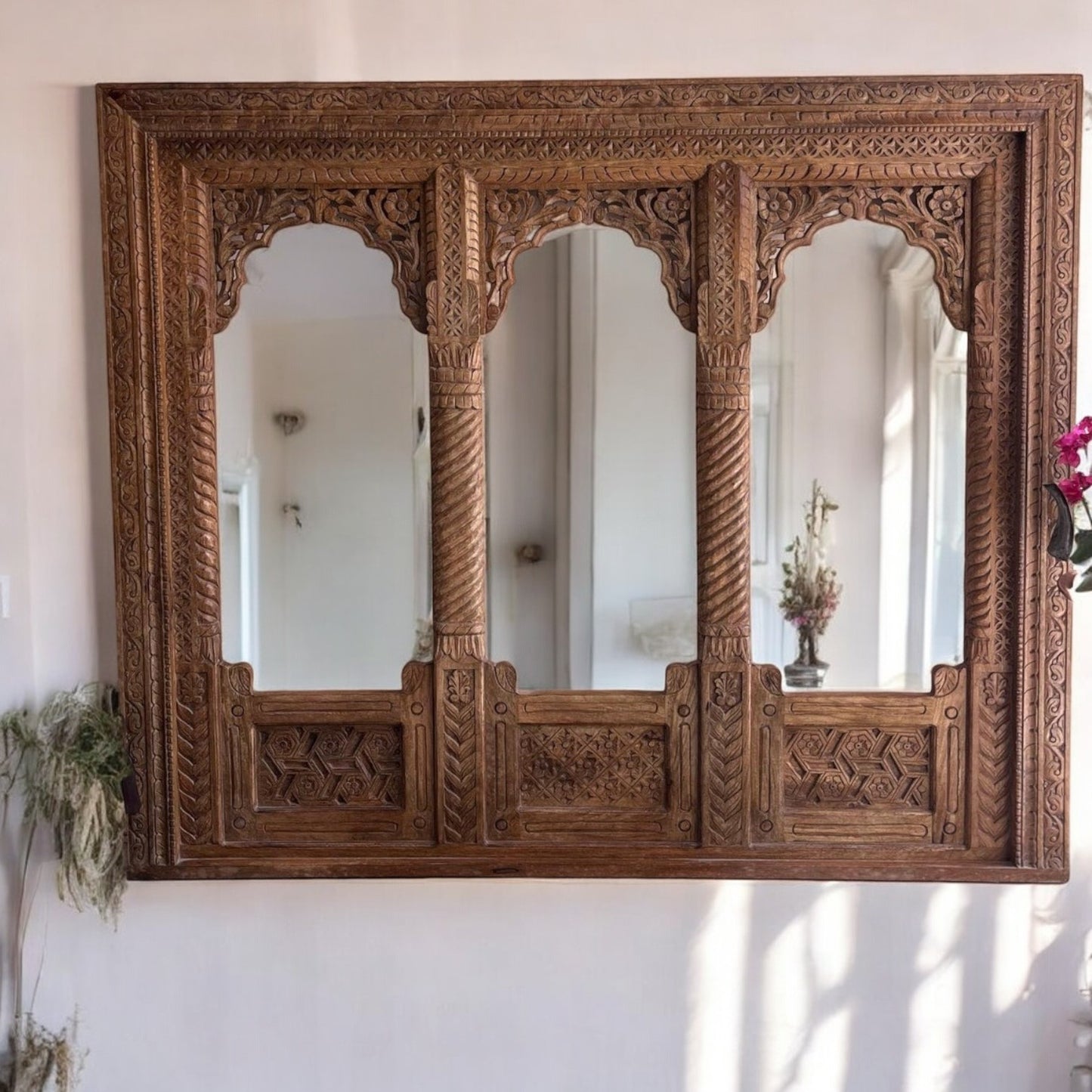 Hand-carved Indian Jharokha mirror with a distressed rustic wooden frame, perfect as a decorative wall mirror for farmhouse-style living rooms, vintage bedrooms, and entryways vintage jharokha mirror antique home decor walnut mirror carved jharokha vintage wall decor 