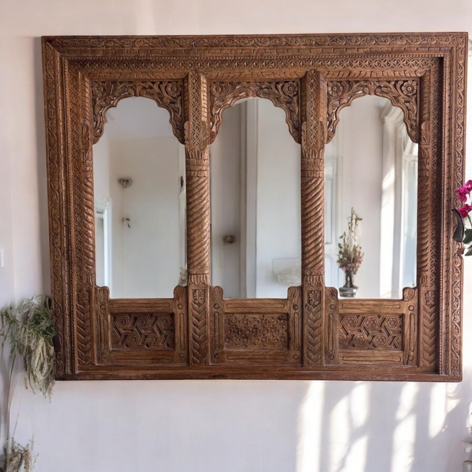 Hand-carved Indian Jharokha mirror with a distressed rustic wooden frame, perfect as a decorative wall mirror for farmhouse-style living rooms, vintage bedrooms, and entryways vintage jharokha mirror antique home decor walnut mirror carved jharokha vintage wall decor 